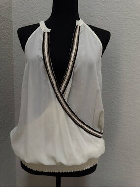 bebe White Halter Surplice Camisole with Black and Gold Trim